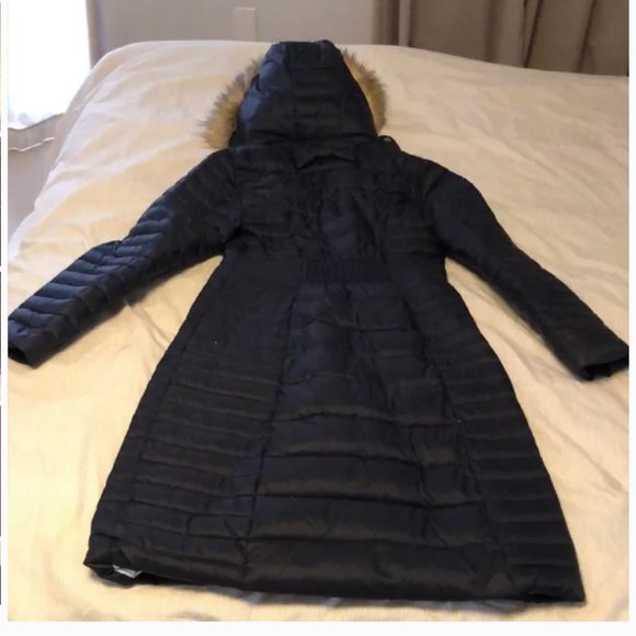 kate spade Faux Fur Trim Hooded Puffer Coat jacket deep navy size xs nwot - Picture 8 of 13